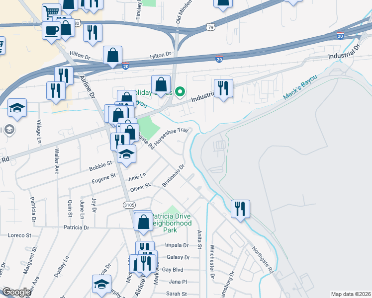 map of restaurants, bars, coffee shops, grocery stores, and more near 3413 Bistineau Drive in Bossier City
