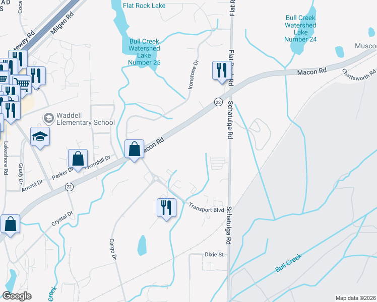 map of restaurants, bars, coffee shops, grocery stores, and more near 6800 Macon Road in Columbus