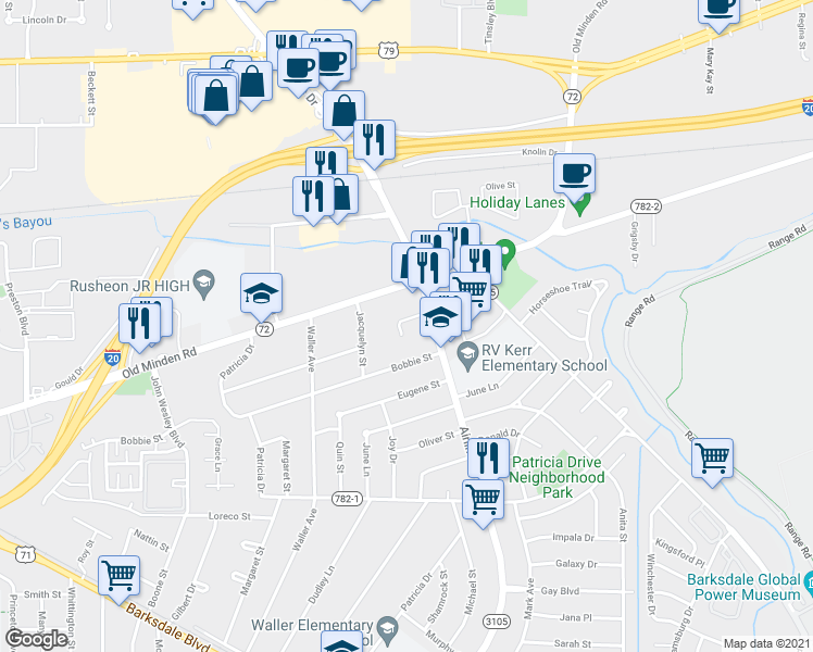 map of restaurants, bars, coffee shops, grocery stores, and more near 2914 Kirk Lane in Bossier City
