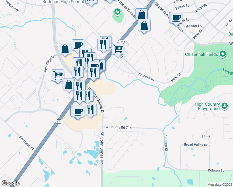 map of restaurants, bars, coffee shops, grocery stores, and more near 285 Southeast John Jones Drive in Burleson