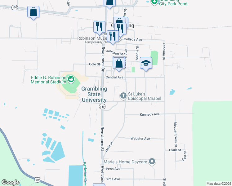 map of restaurants, bars, coffee shops, grocery stores, and more near 130 Jackson Street in Grambling