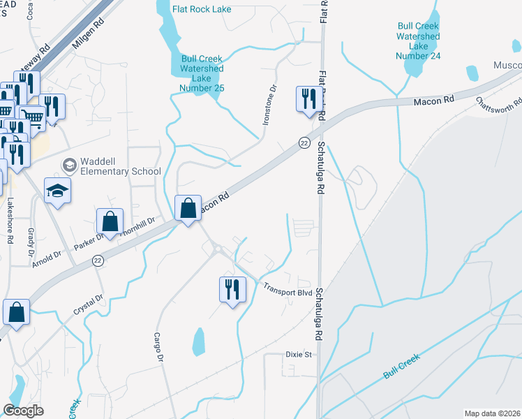 map of restaurants, bars, coffee shops, grocery stores, and more near 6800 Macon Road in Columbus