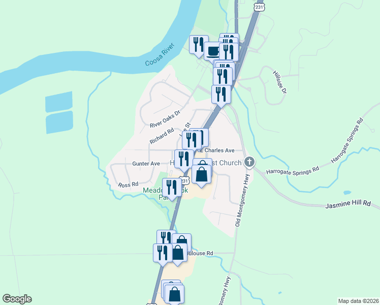 map of restaurants, bars, coffee shops, grocery stores, and more near 5380 U.S. 231 in Wetumpka