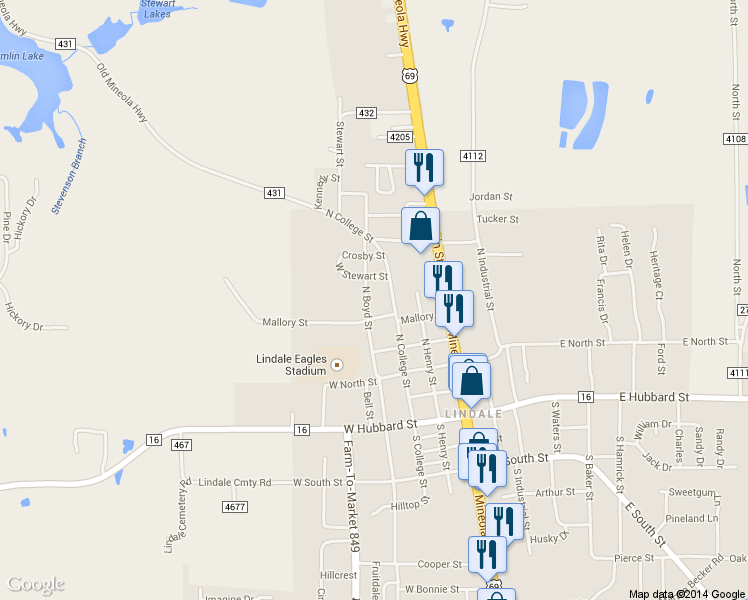 map of restaurants, bars, coffee shops, grocery stores, and more near 507 N Boyd St in Lindale