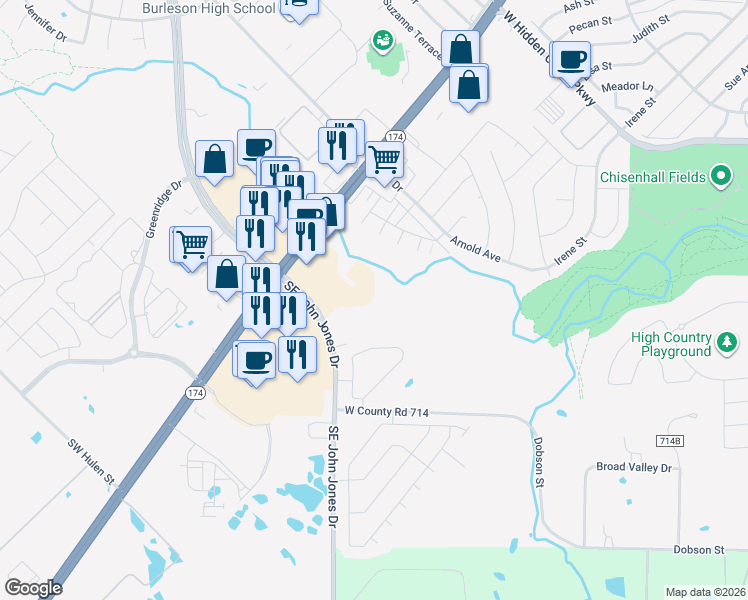 map of restaurants, bars, coffee shops, grocery stores, and more near 295 Southeast John Jones Drive in Burleson