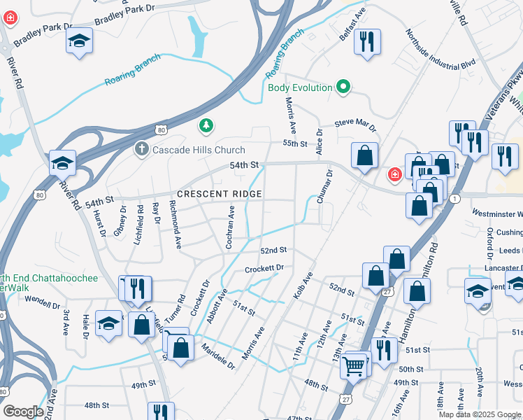 map of restaurants, bars, coffee shops, grocery stores, and more near 5237A Thomason Avenue in Columbus