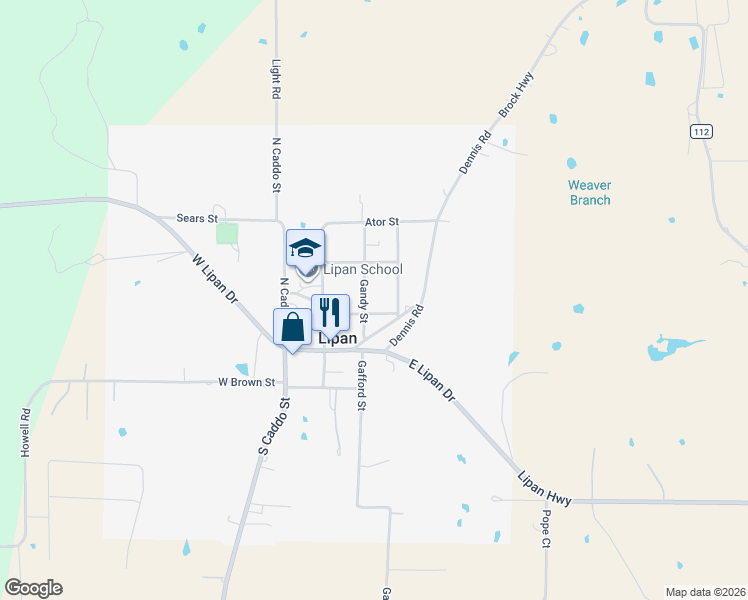 map of restaurants, bars, coffee shops, grocery stores, and more near 204 Gandy Street in Lipan