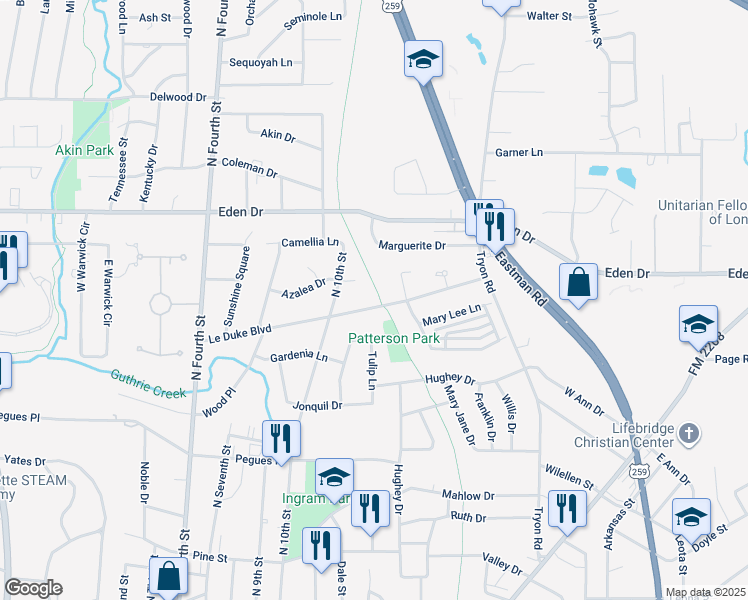 map of restaurants, bars, coffee shops, grocery stores, and more near 1213 Le Duke Boulevard in Longview