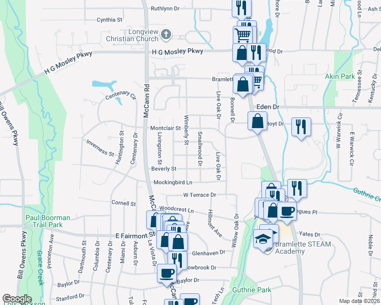 map of restaurants, bars, coffee shops, grocery stores, and more near 1900 Wimberly Street in Longview