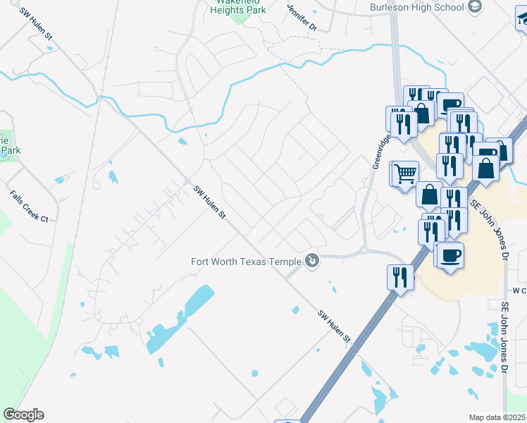 map of restaurants, bars, coffee shops, grocery stores, and more near 288 Merced Street in Burleson