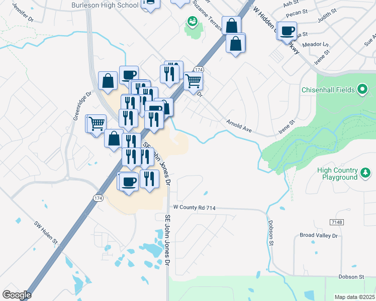 map of restaurants, bars, coffee shops, grocery stores, and more near 295 Southeast John Jones Drive in Burleson