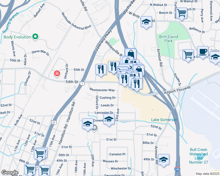map of restaurants, bars, coffee shops, grocery stores, and more near 2207 Westminster Way in Columbus