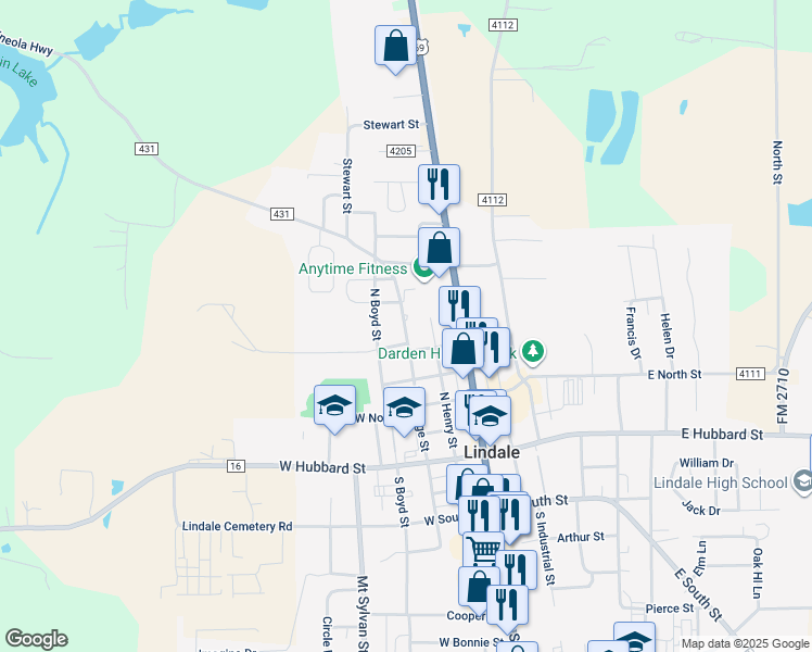 map of restaurants, bars, coffee shops, grocery stores, and more near 507 North Boyd Street in Lindale