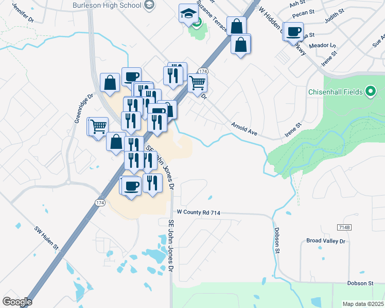 map of restaurants, bars, coffee shops, grocery stores, and more near 295 Southeast John Jones Drive in Burleson