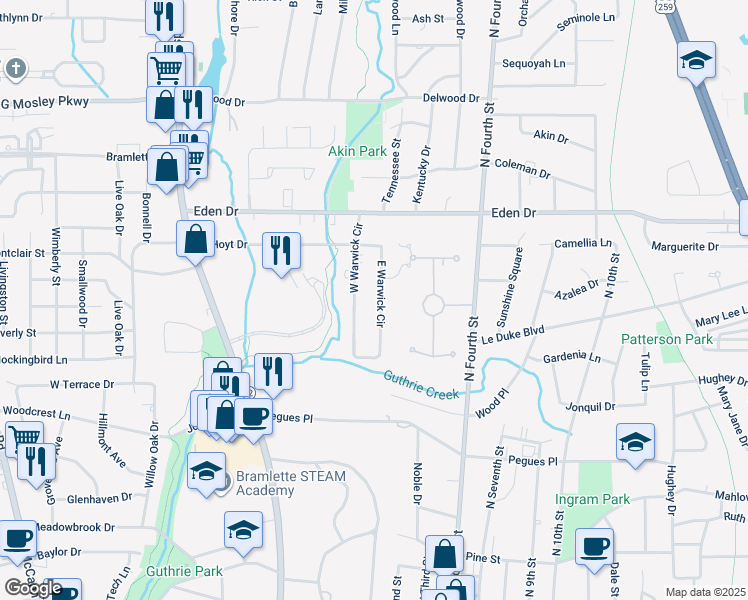 map of restaurants, bars, coffee shops, grocery stores, and more near 2001 East Warwick Circle in Longview