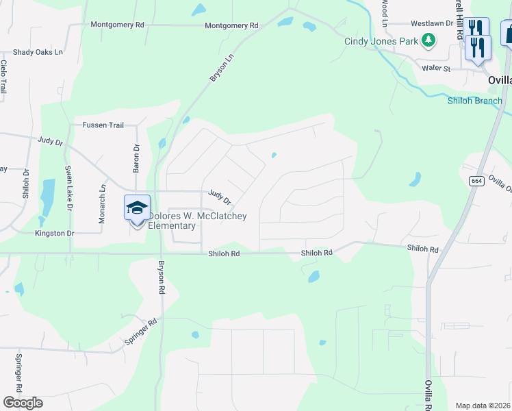 map of restaurants, bars, coffee shops, grocery stores, and more near 116 Claremont Drive in Ovilla