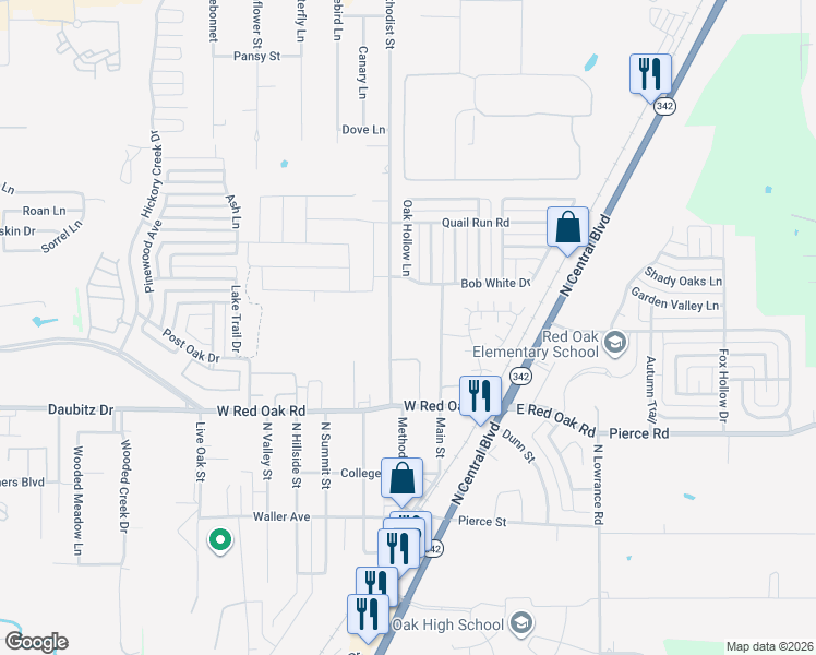 map of restaurants, bars, coffee shops, grocery stores, and more near 316 Methodist Street in Red Oak