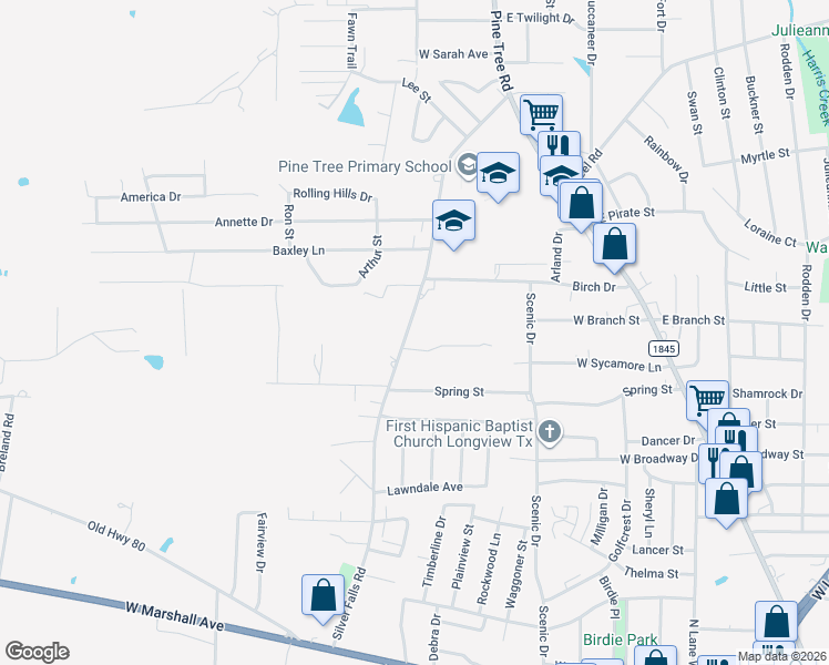 map of restaurants, bars, coffee shops, grocery stores, and more near 1314 Silver Falls Road in Longview