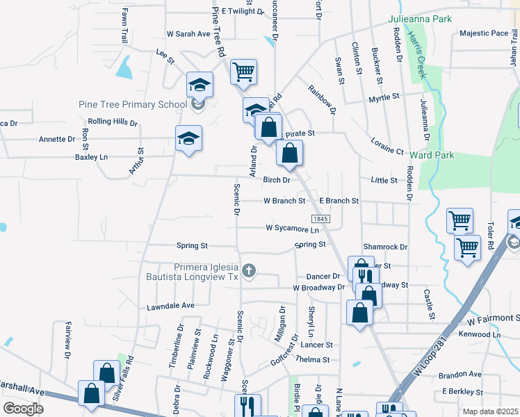 map of restaurants, bars, coffee shops, grocery stores, and more near 504 West Branch Street in Longview