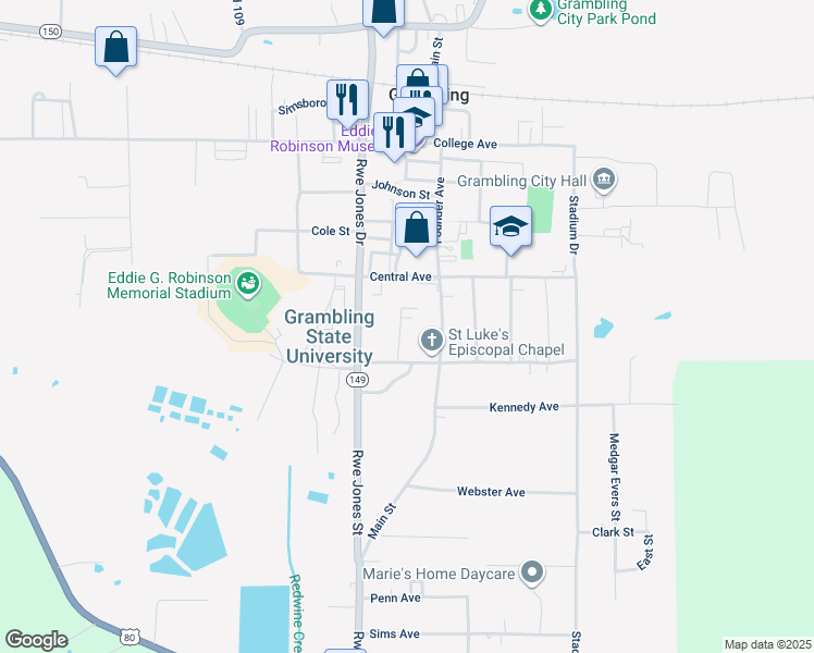 map of restaurants, bars, coffee shops, grocery stores, and more near 130 Jackson Street in Grambling