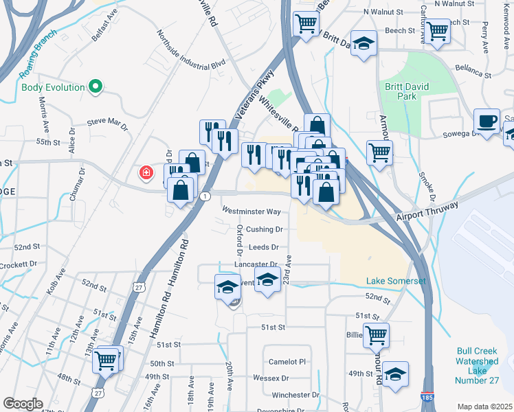 map of restaurants, bars, coffee shops, grocery stores, and more near 2121 Westminster Way in Columbus