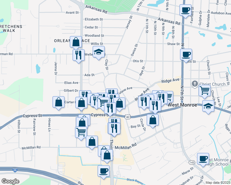 map of restaurants, bars, coffee shops, grocery stores, and more near 1210 Tulane Ave in West Monroe