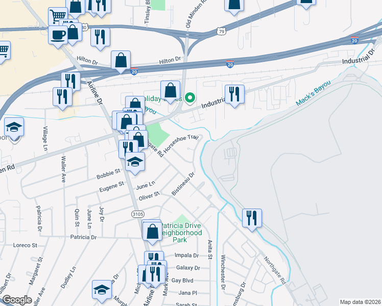 map of restaurants, bars, coffee shops, grocery stores, and more near 3413 Bistineau Dr in Bossier City