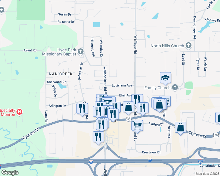 map of restaurants, bars, coffee shops, grocery stores, and more near 316 Wallace Dean Rd in West Monroe