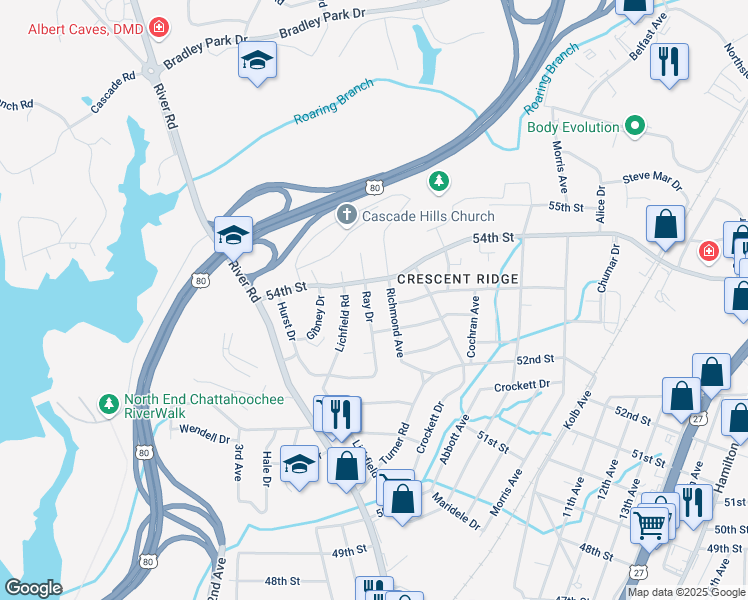 map of restaurants, bars, coffee shops, grocery stores, and more near 5302 Ray Drive in Columbus