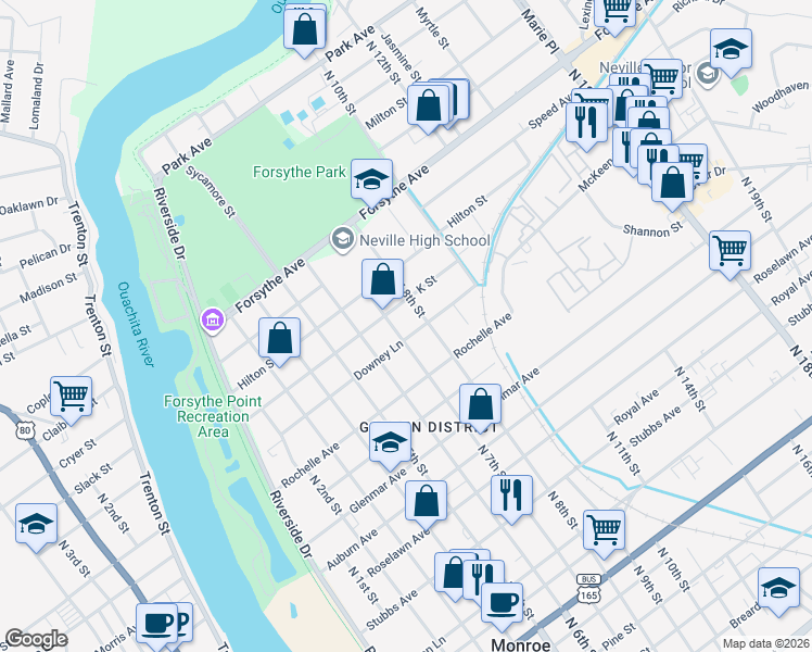 map of restaurants, bars, coffee shops, grocery stores, and more near 703 Downey Lane in Monroe
