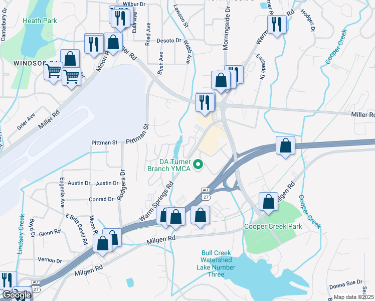 map of restaurants, bars, coffee shops, grocery stores, and more near 4419 Warm Springs Road in Columbus