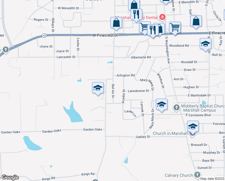 map of restaurants, bars, coffee shops, grocery stores, and more near 2901 Bel-Air Drive in Marshall