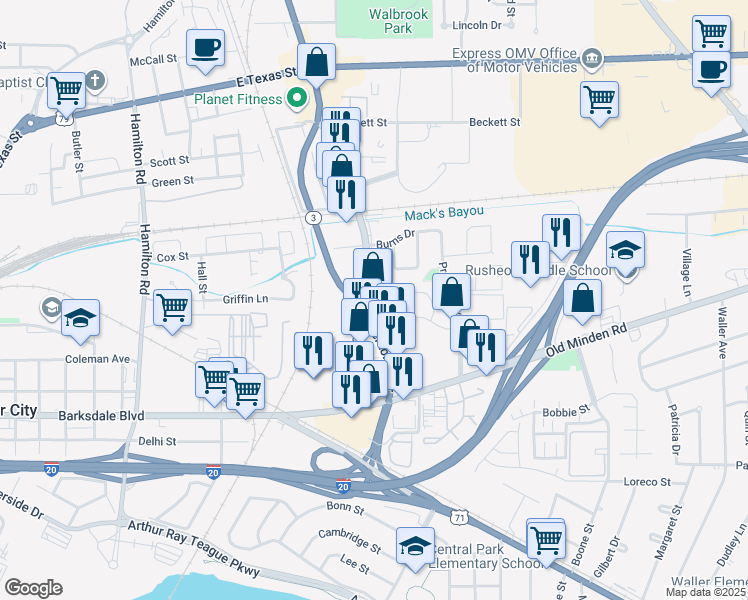 map of restaurants, bars, coffee shops, grocery stores, and more near 450 Benton Road in Bossier City