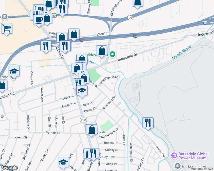 map of restaurants, bars, coffee shops, grocery stores, and more near 1714 Caney Lake Drive in Bossier City