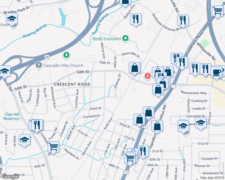 map of restaurants, bars, coffee shops, grocery stores, and more near 5352 Chumar Drive in Columbus