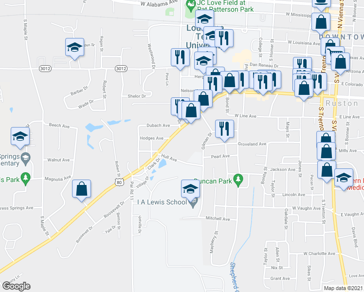 map of restaurants, bars, coffee shops, grocery stores, and more near 1201 West California Avenue in Ruston