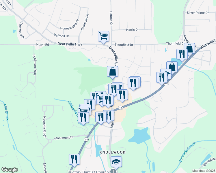 map of restaurants, bars, coffee shops, grocery stores, and more near 233 Deatsville Highway in Millbrook