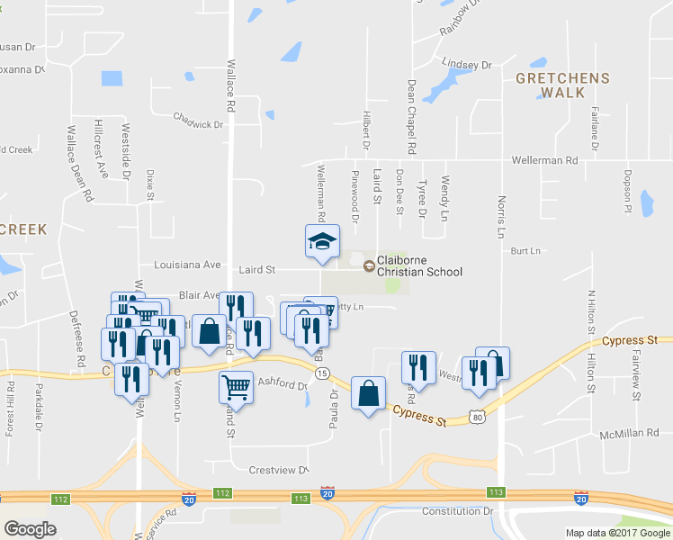 map of restaurants, bars, coffee shops, grocery stores, and more near 308 Laird Street in West Monroe