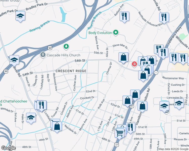 map of restaurants, bars, coffee shops, grocery stores, and more near 1028 53rd Street in Columbus