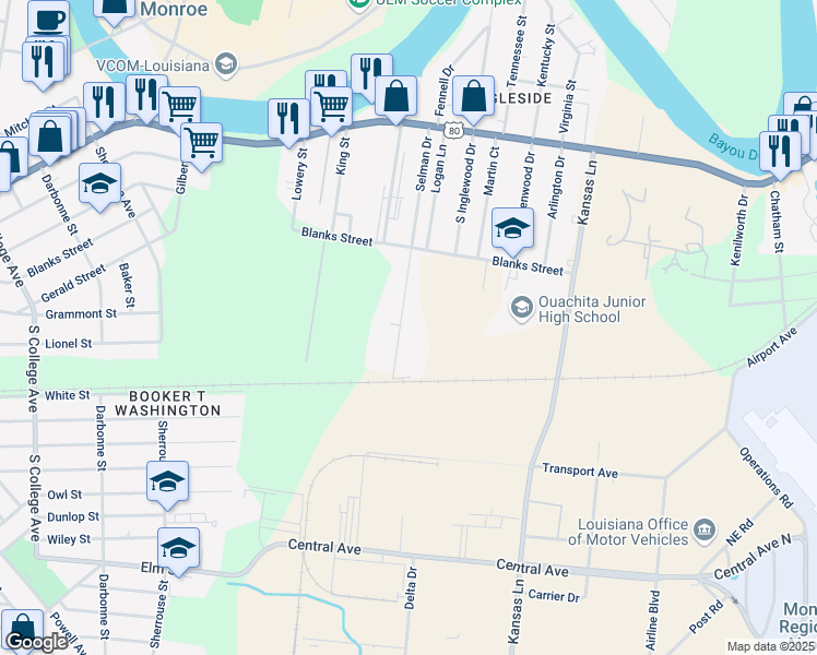 map of restaurants, bars, coffee shops, grocery stores, and more near 223 Selman Dr in Monroe