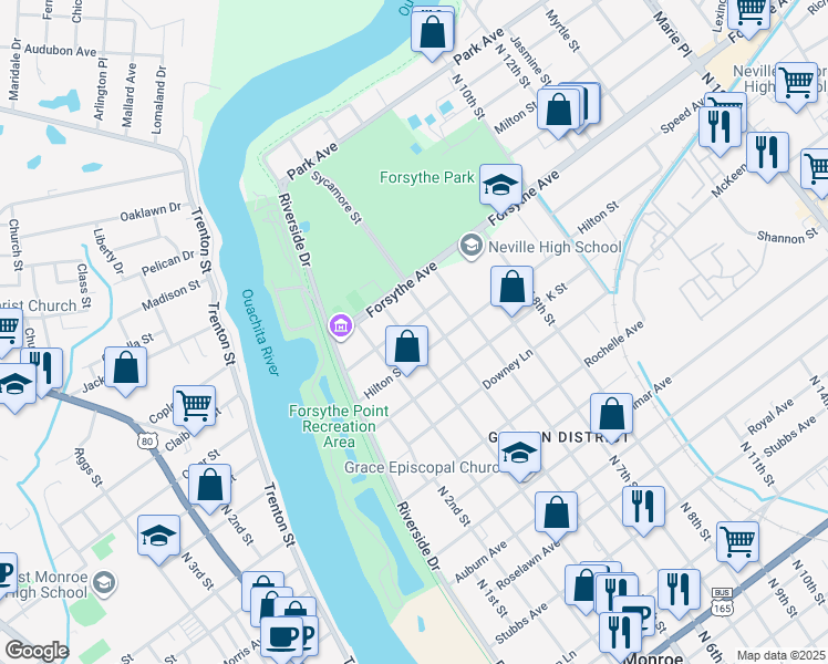 map of restaurants, bars, coffee shops, grocery stores, and more near 1908 N 4th St in Monroe
