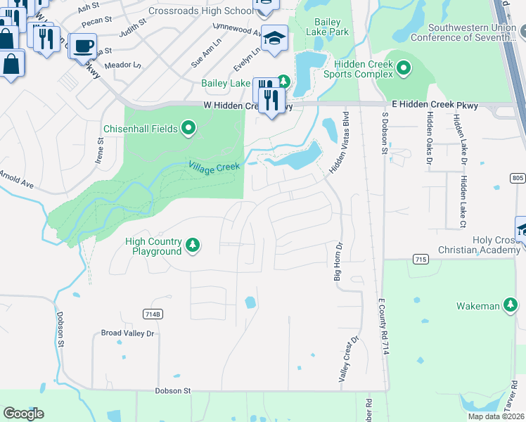 map of restaurants, bars, coffee shops, grocery stores, and more near 1200 Madera Drive in Burleson