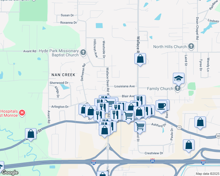 map of restaurants, bars, coffee shops, grocery stores, and more near 316 Wallace Dean Rd in West Monroe