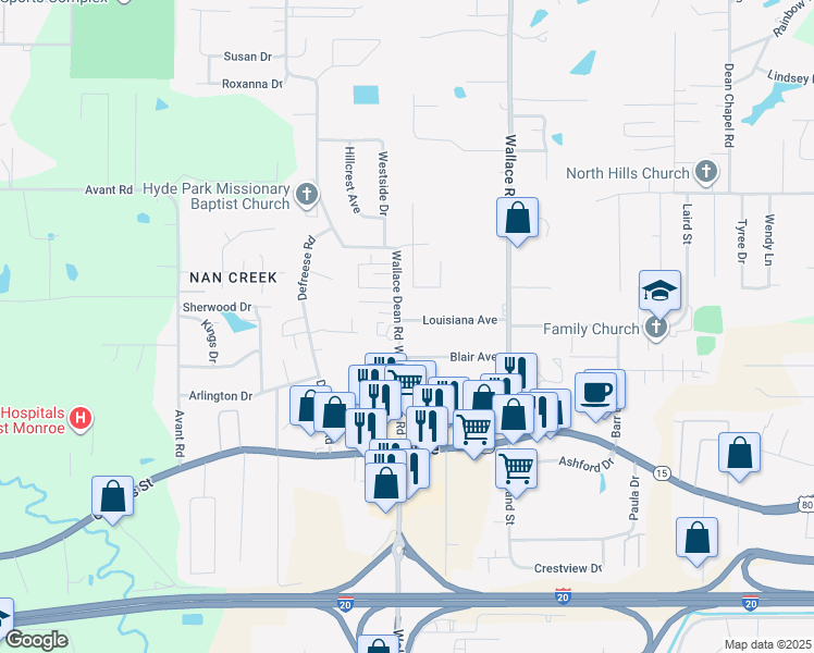 map of restaurants, bars, coffee shops, grocery stores, and more near 316 Wallace Dean Road in West Monroe