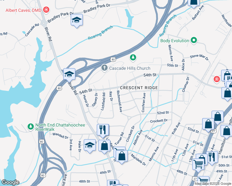 map of restaurants, bars, coffee shops, grocery stores, and more near 5302 Ray Drive in Columbus