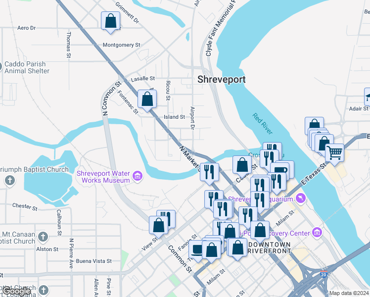 map of restaurants, bars, coffee shops, grocery stores, and more near 100 North Market Street in Shreveport