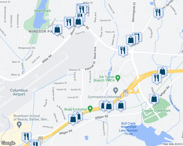 map of restaurants, bars, coffee shops, grocery stores, and more near 6008 North Pointe Drive in Columbus