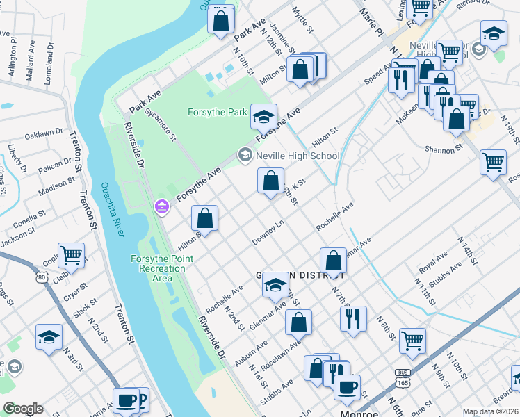 map of restaurants, bars, coffee shops, grocery stores, and more near 605 K Street in Monroe