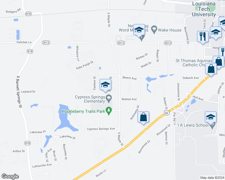 map of restaurants, bars, coffee shops, grocery stores, and more near 1003 Saratoga Street in Ruston