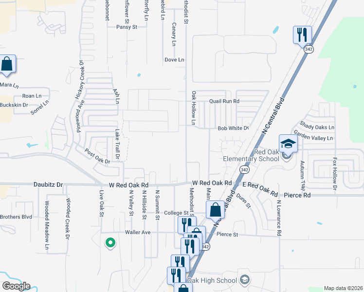 map of restaurants, bars, coffee shops, grocery stores, and more near 317 Methodist Street in Red Oak